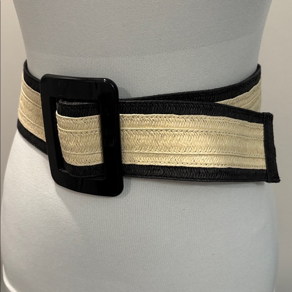 ZARA Woven Belt Black Cream Wide Stretch Statement Buckle Classic Chic - Picture 4 of 15